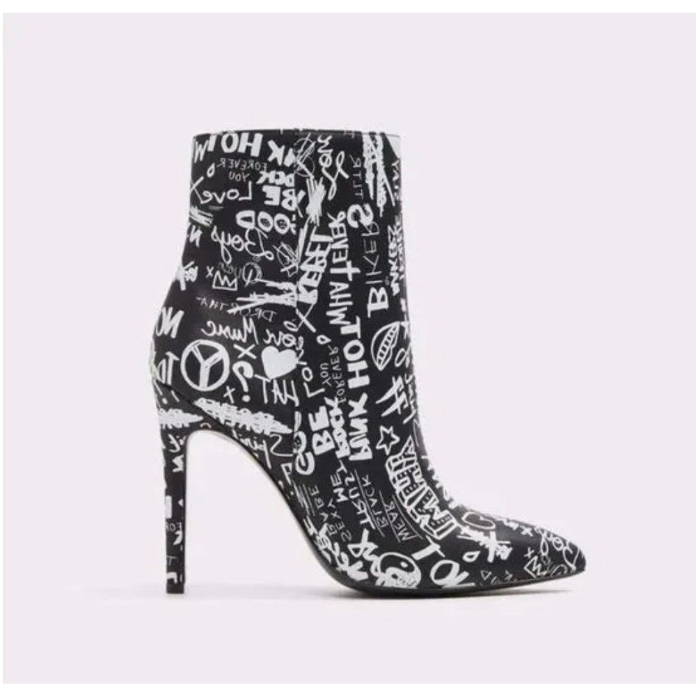 Women's Aldo Black White Graffiti Print Pointed Toe Stiletto Ankle Boots 6.5